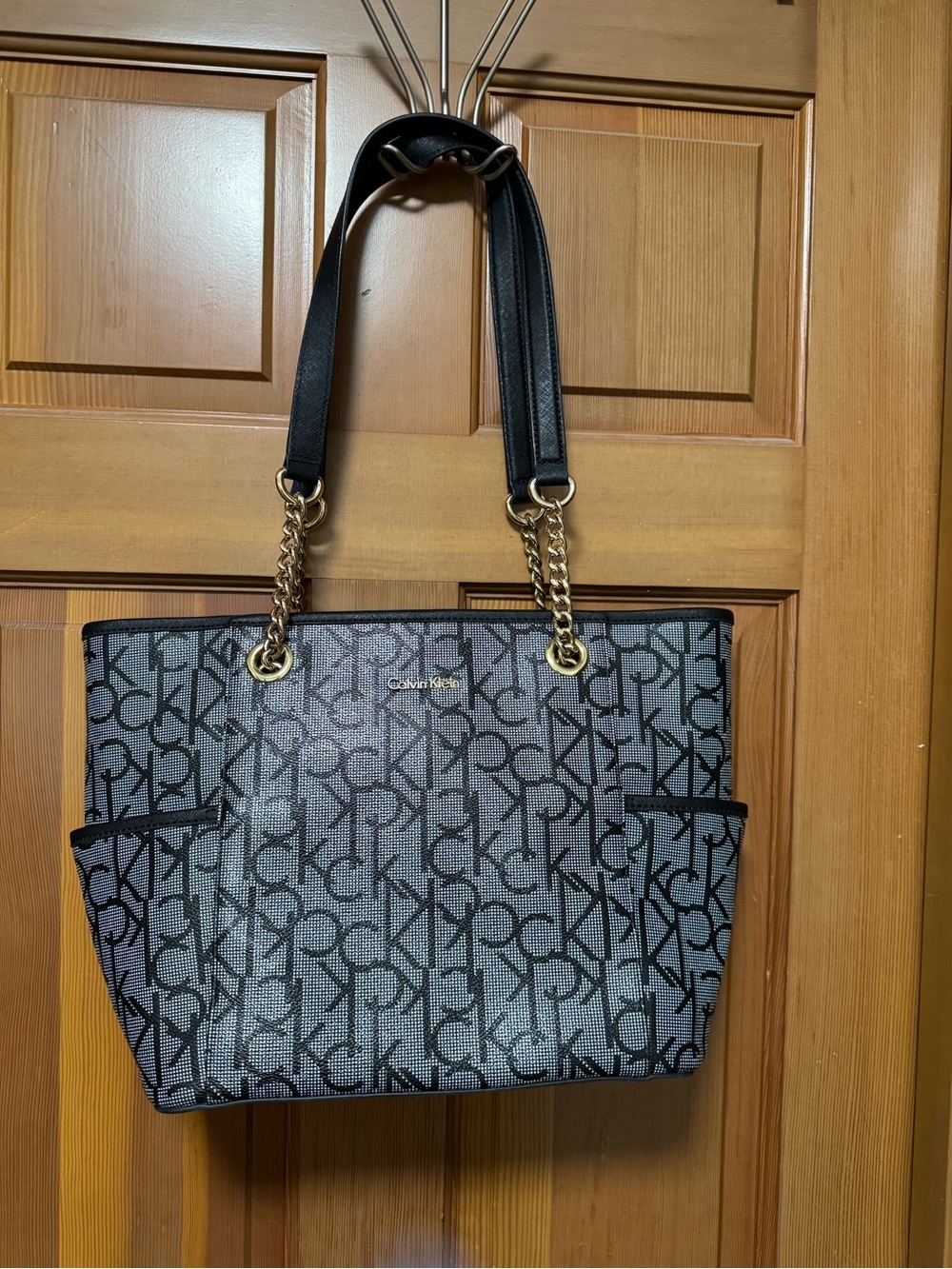 Calvin Klein Black Monogram Tote with Chain Straps